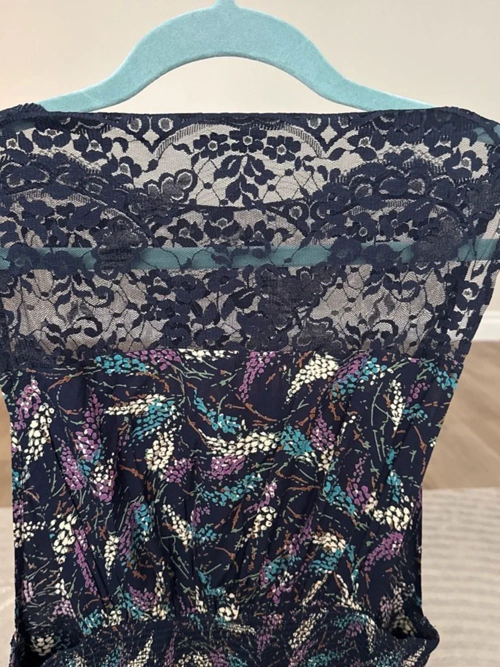 Free People Navy Floral-Print Lace Bodice Dress, XS